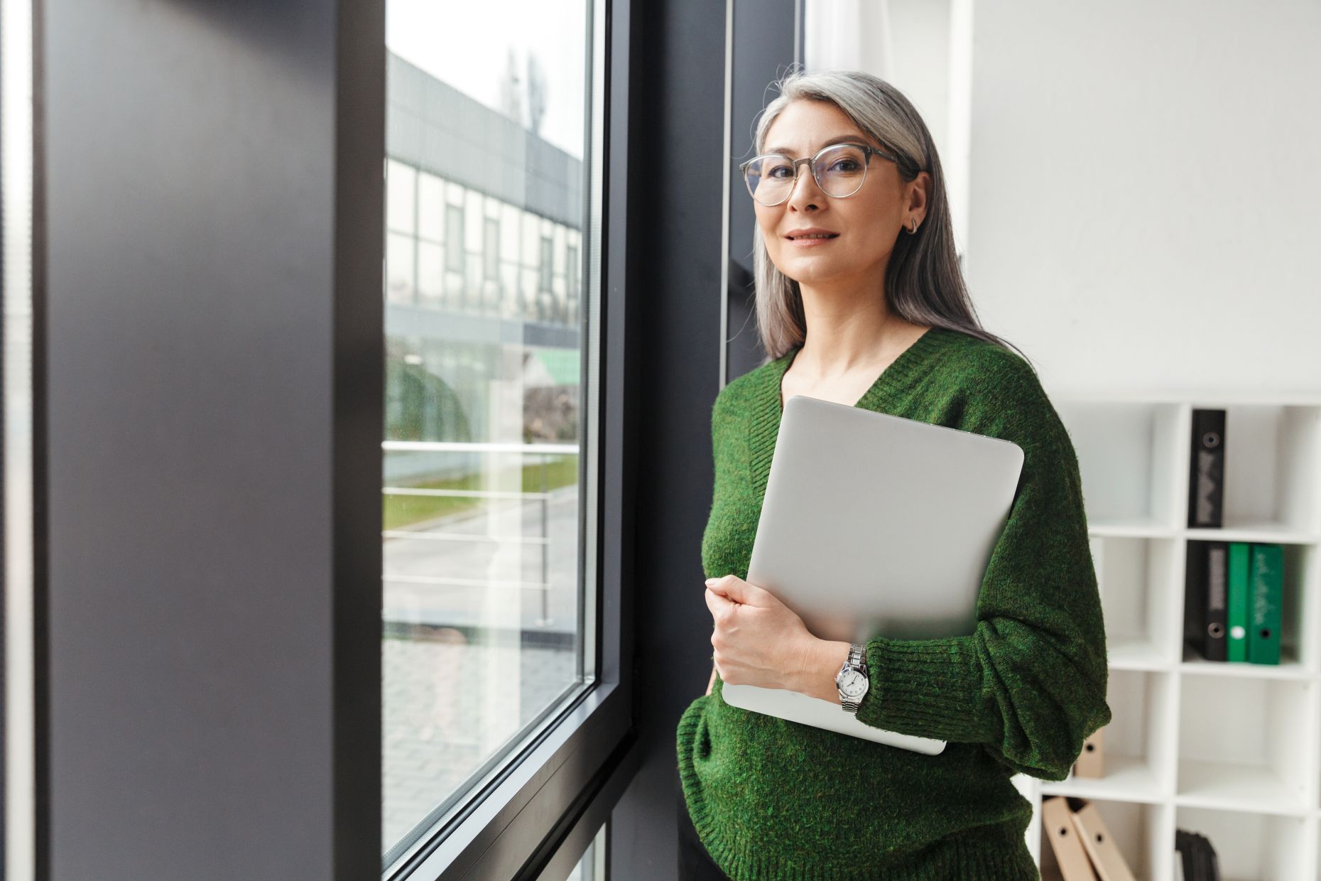mature woman with long gray hair